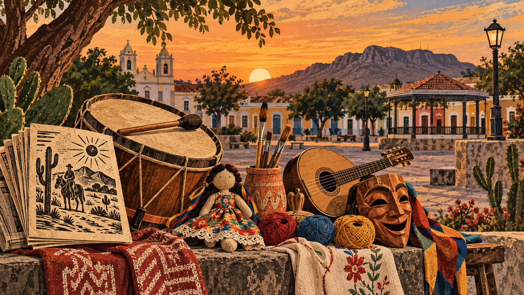 Ilustração de objetos culturais genéricos — cordel, tambor, pincéis, boneca de pano, instrumento de cordas, bordado e máscara teatral — em praça inspirada no Seridó; não retrata os projetos, proponentes ou eventos citados