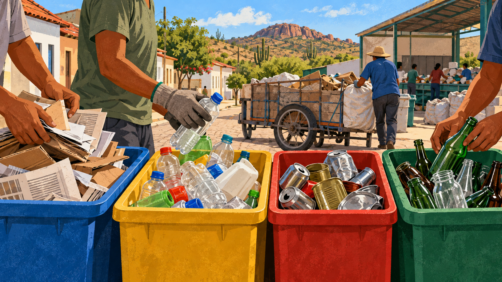 Ilustração genérica de pessoas anônimas separando papel, plástico, metal e vidro em uma rua do semiárido, com carrinho de coleta e galpão de triagem ao fundo; não retrata a visita, os participantes ou o Centro de Triagem de Currais Novos