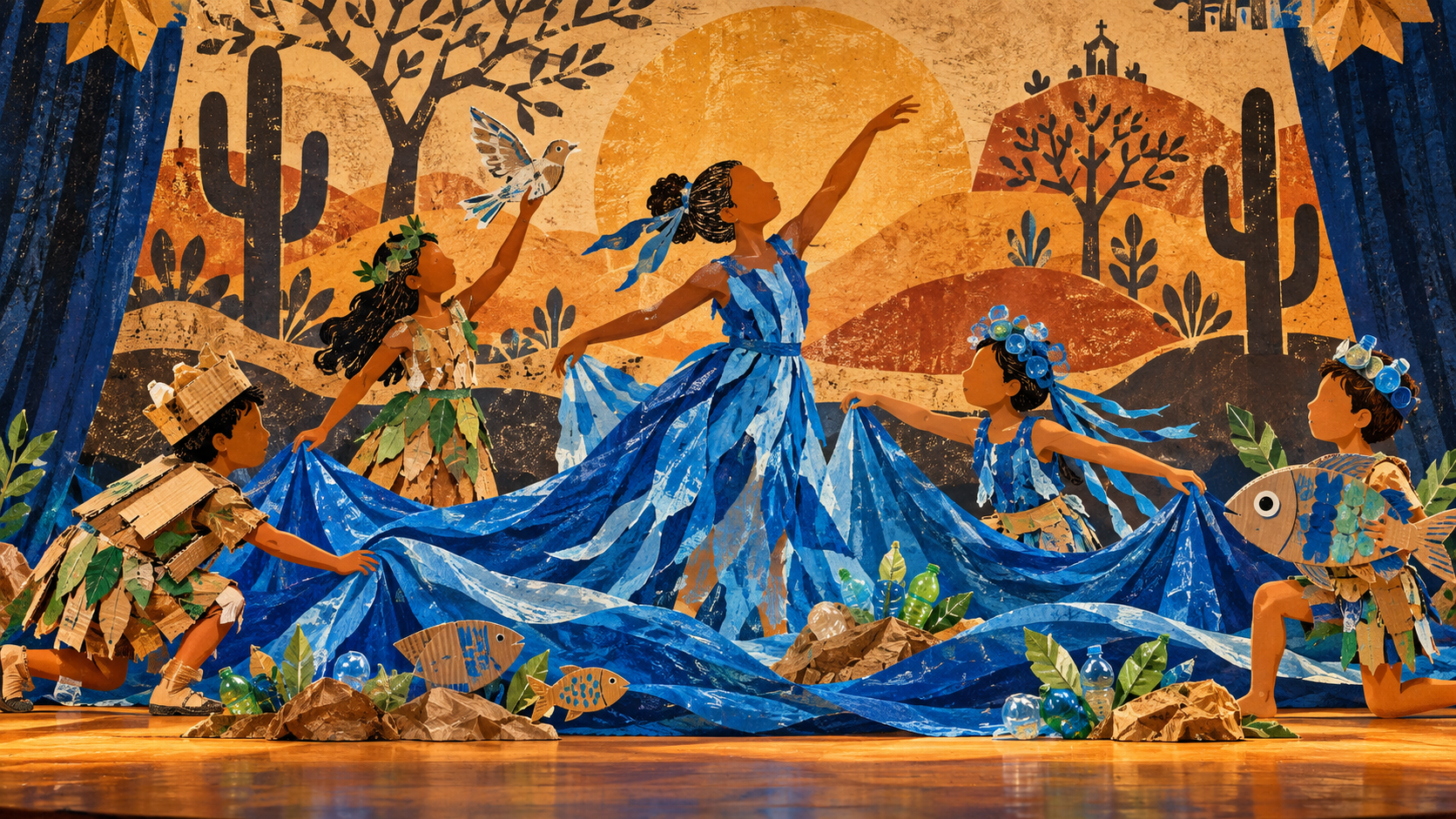 Ilustração genérica de um palco com figuras anônimas em movimento, tecidos azuis representando água e objetos cenográficos feitos de materiais reciclados; não retrata o espetáculo, artistas, estudantes ou o Salão Nobre da SECULT